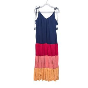 Old Navy Maxi Dress Small Tiered Colorblock Tassel Tie Boho Pockets Cotton NWT